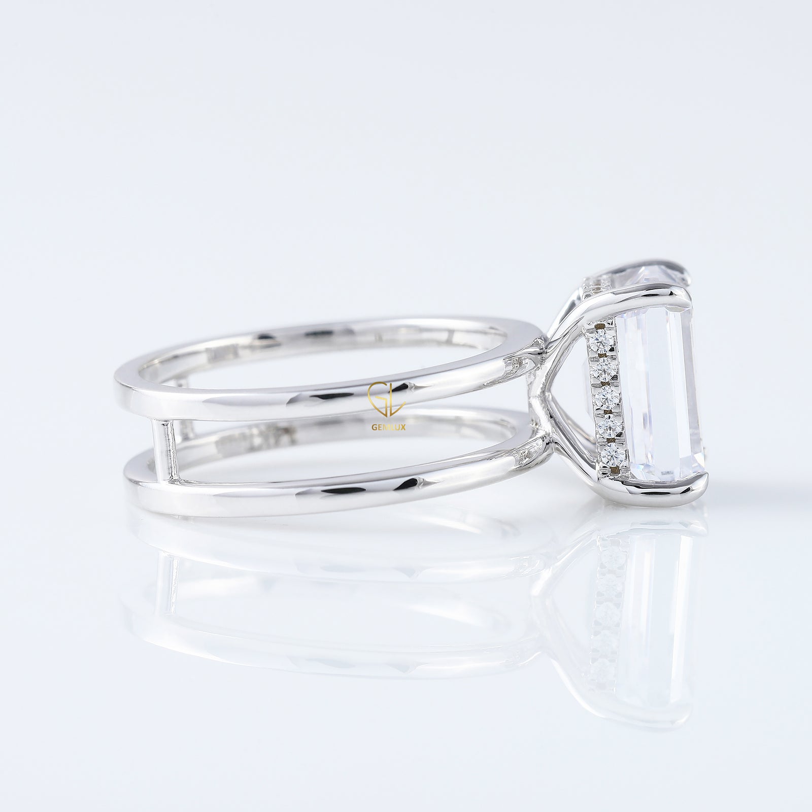 4ct Emerald Cut Lab Grown Double Band Solitaire Ring