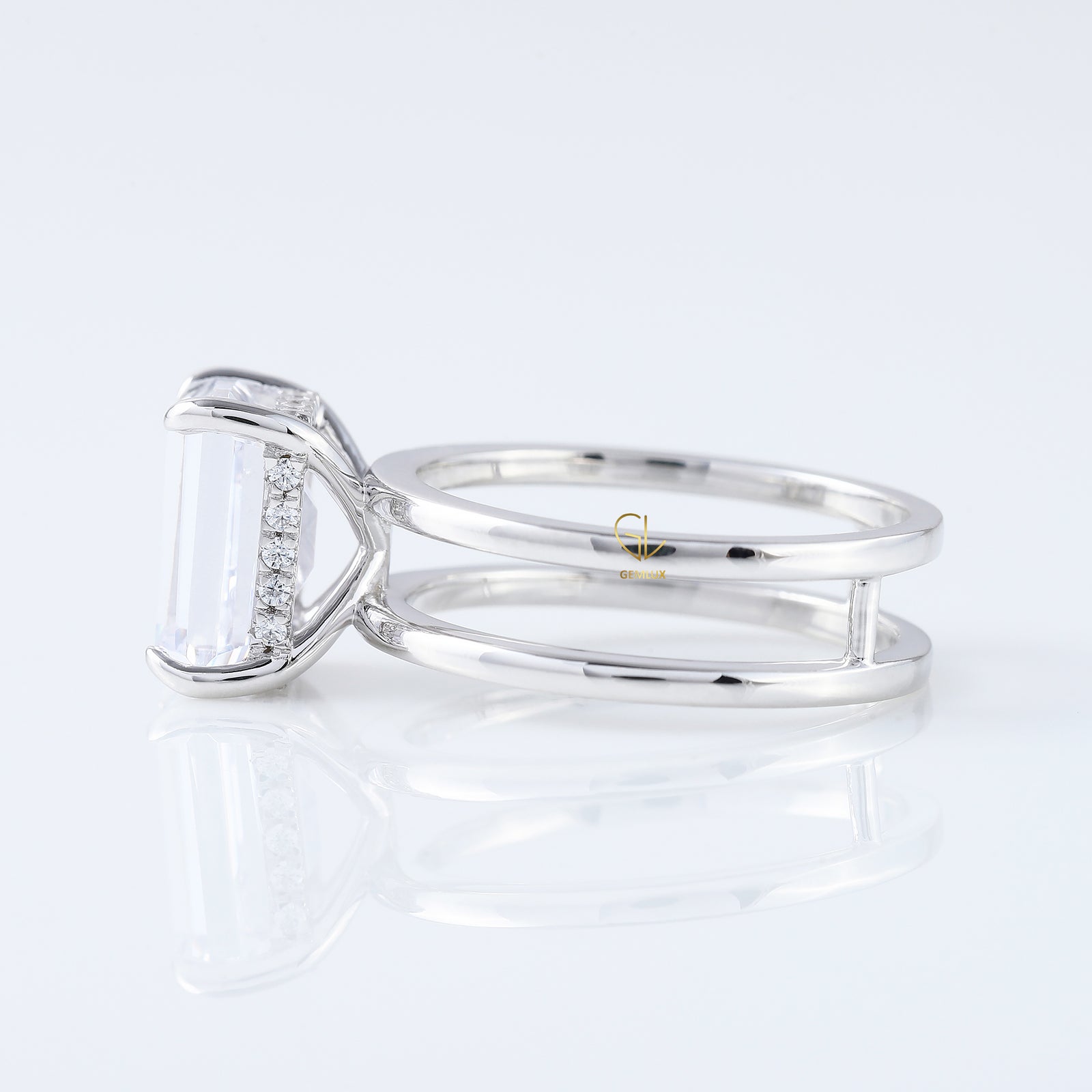 Emerald Cut Moissanite Double Band Solitaire Ring