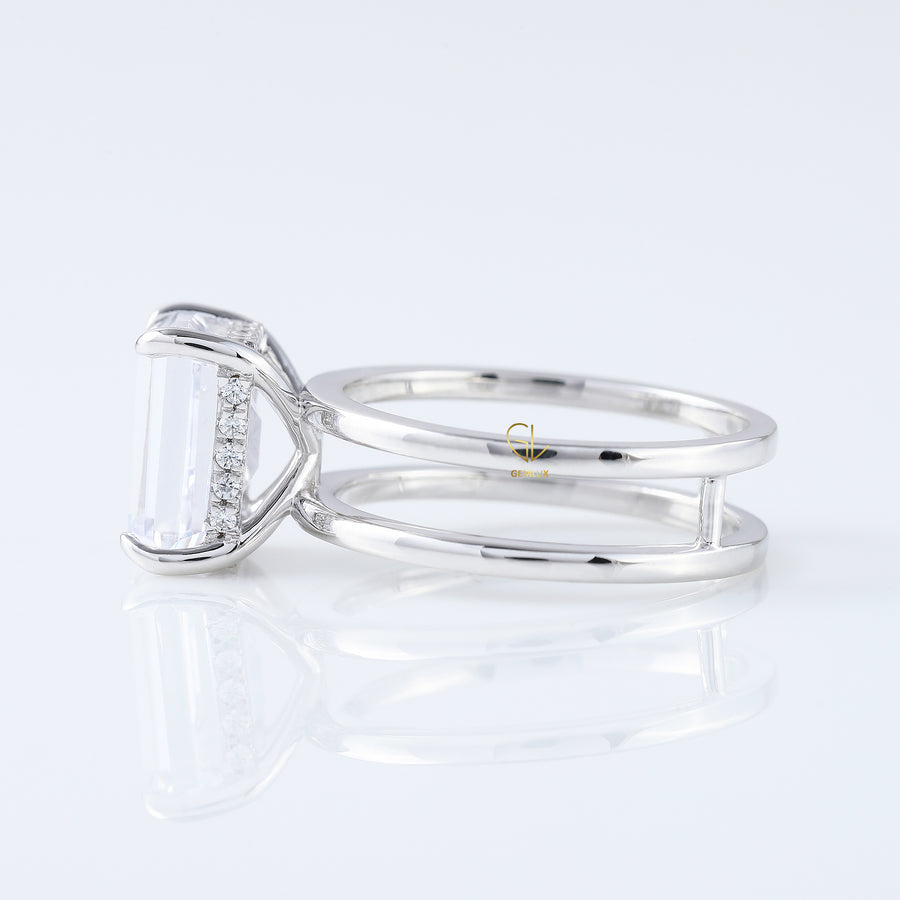 4ct Emerald Cut Lab Grown Double Band Solitaire Ring
