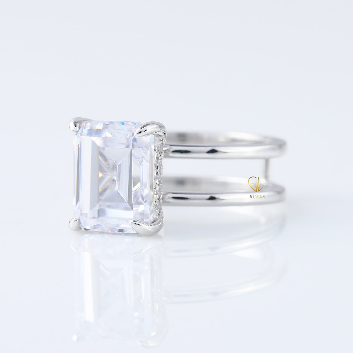 Emerald Cut Moissanite Double Band Solitaire Ring