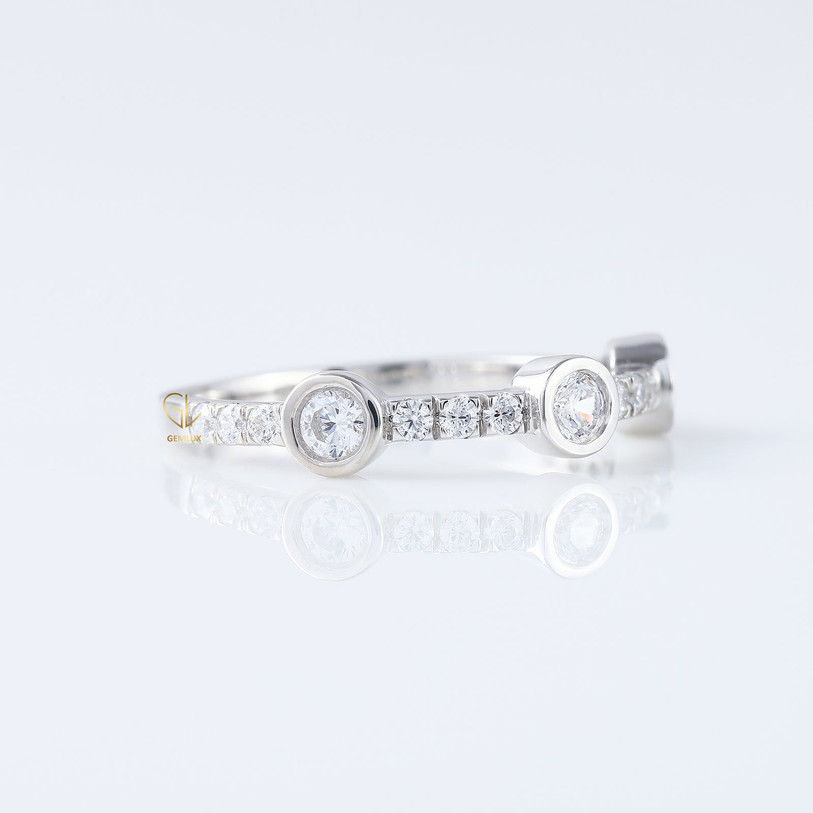 Bubble Style Three Stone Round Moissanite Bezel Set Eternity Band