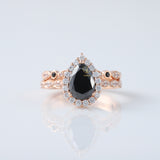 Pear Cut Black Moissanite Halo Engagement Ring With Matching Eternity Wedding Band Ring Set