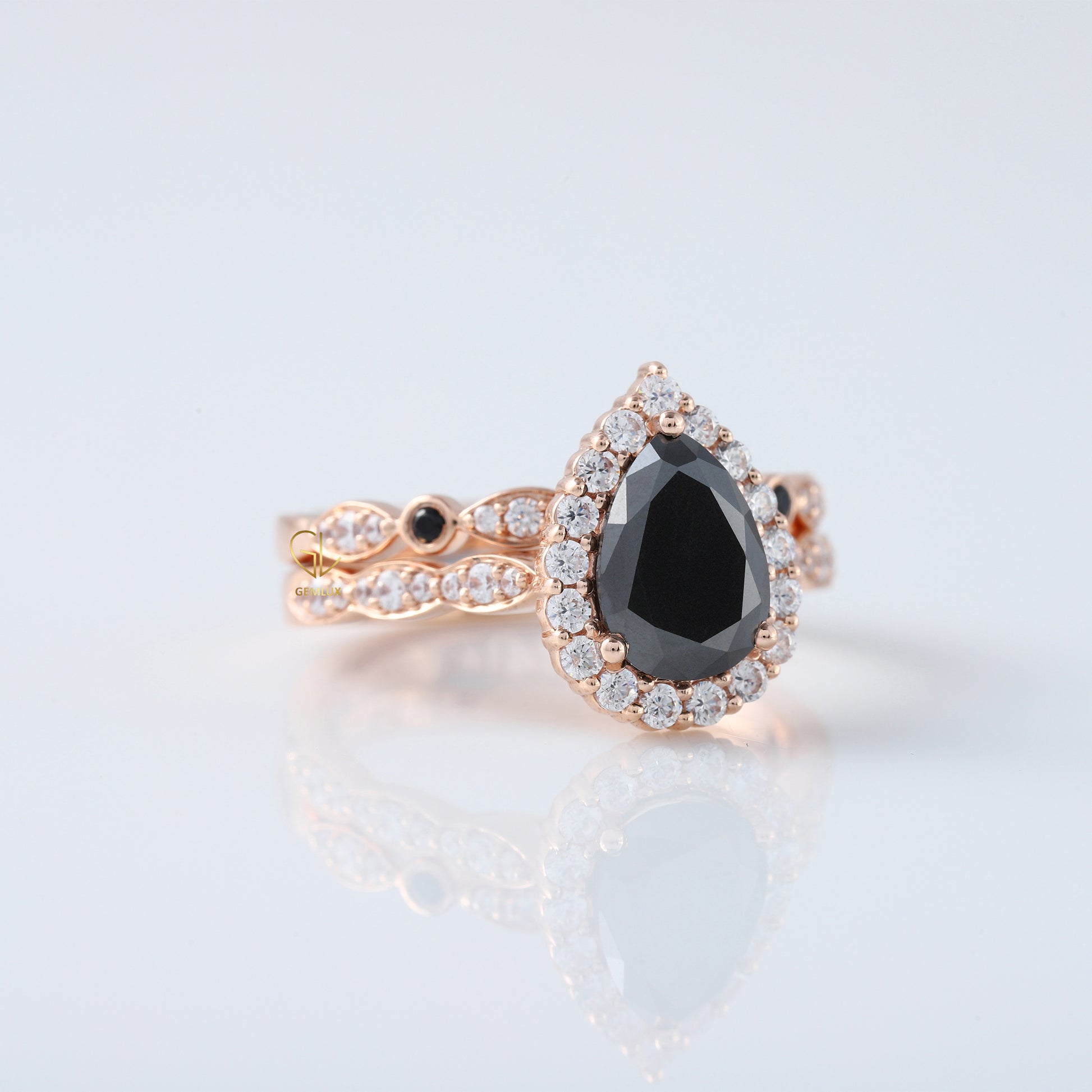 Pear Cut Black Moissanite Halo Engagement Ring With Matching Eternity Wedding Band Ring Set