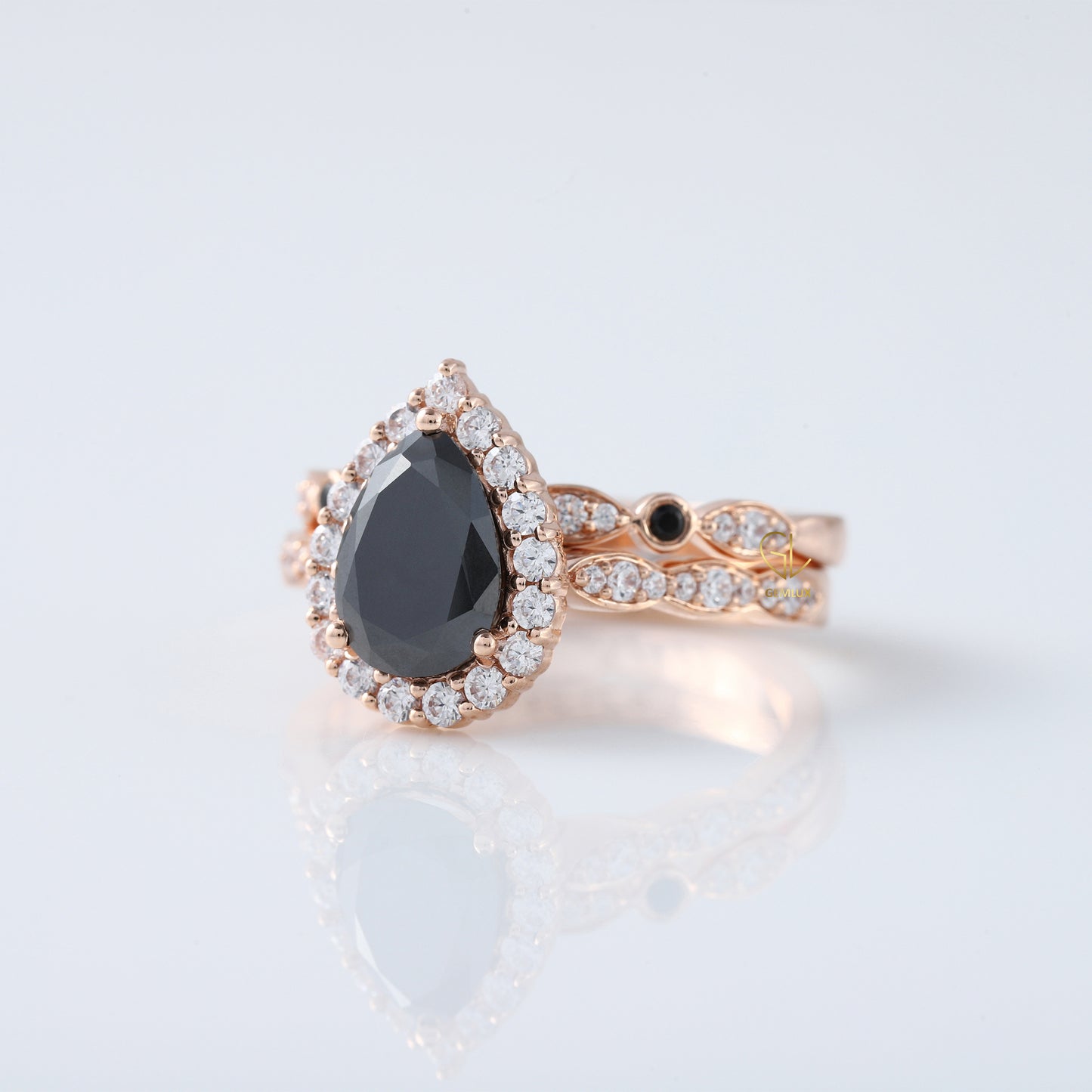 Pear Cut Black Moissanite Halo Engagement Ring With Matching Eternity Wedding Band Ring Set