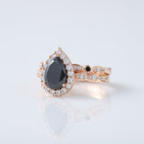 Pear Cut Black Moissanite Halo Engagement Ring With Matching Eternity Wedding Band Ring Set