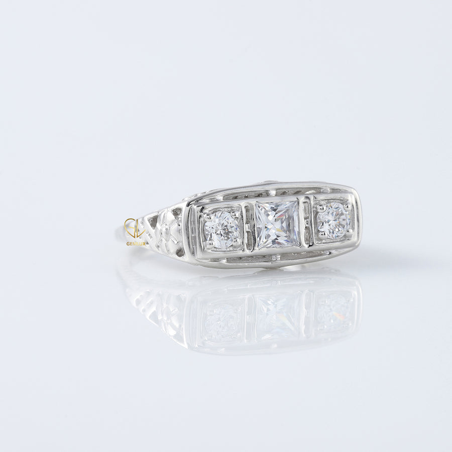 Round Cut Moissanite Art Deco Three Stone Ring