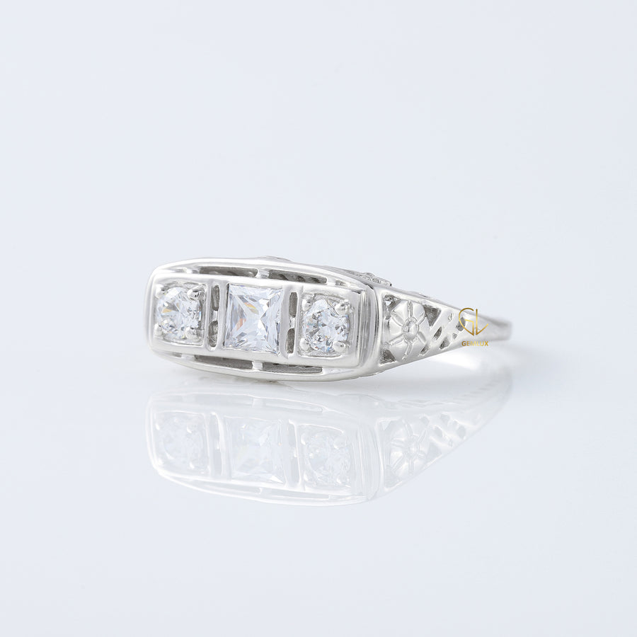 Round Cut Moissanite Art Deco Three Stone Ring