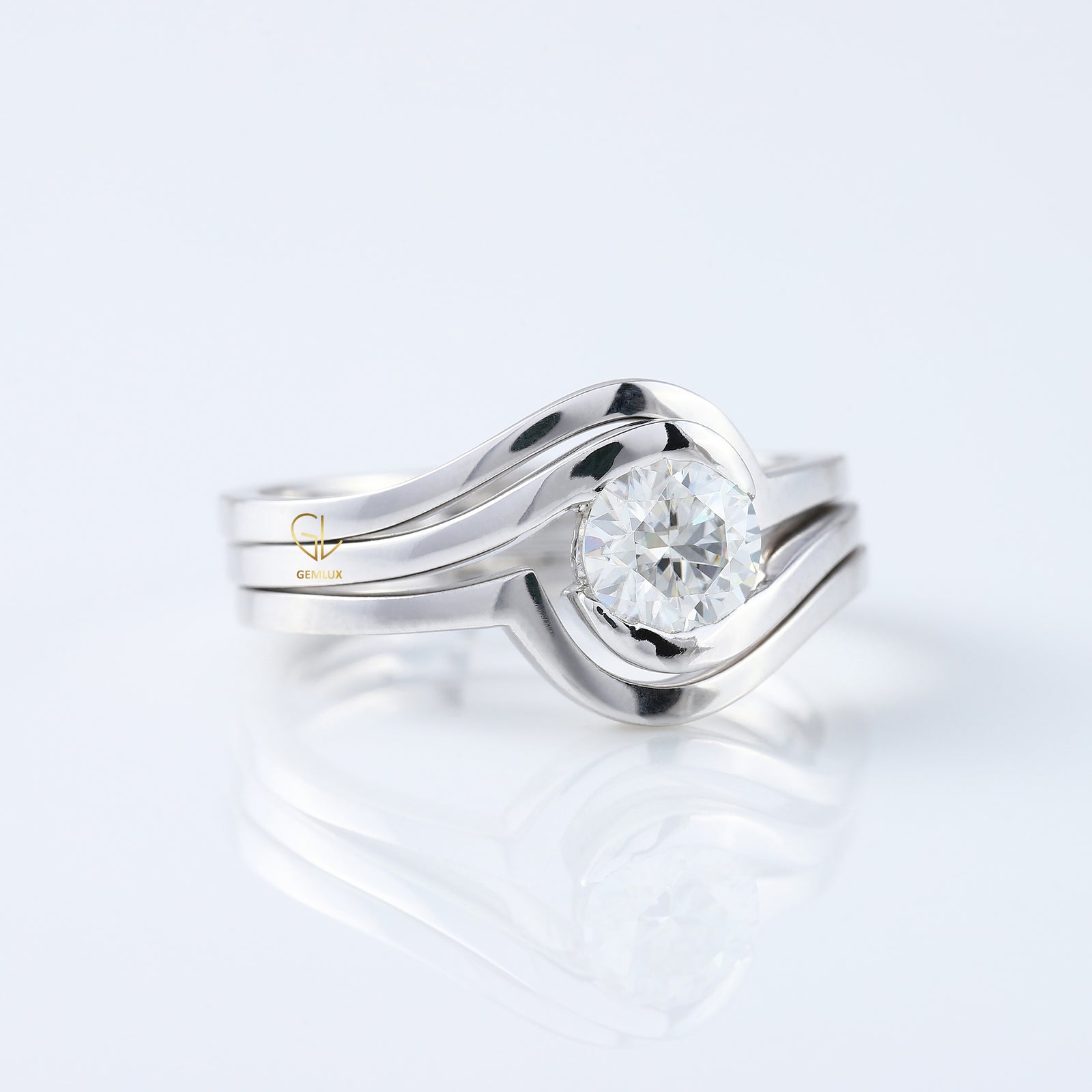 Round Cut Moissanite Diamond Swirl Bypass Engagement Trio Ring Set