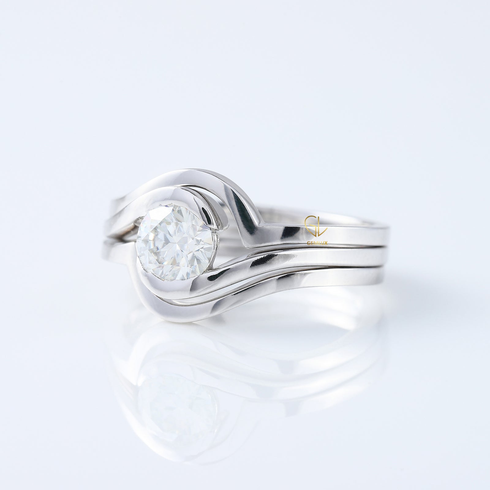 Round Cut Moissanite Diamond Swirl Bypass Engagement Trio Ring Set