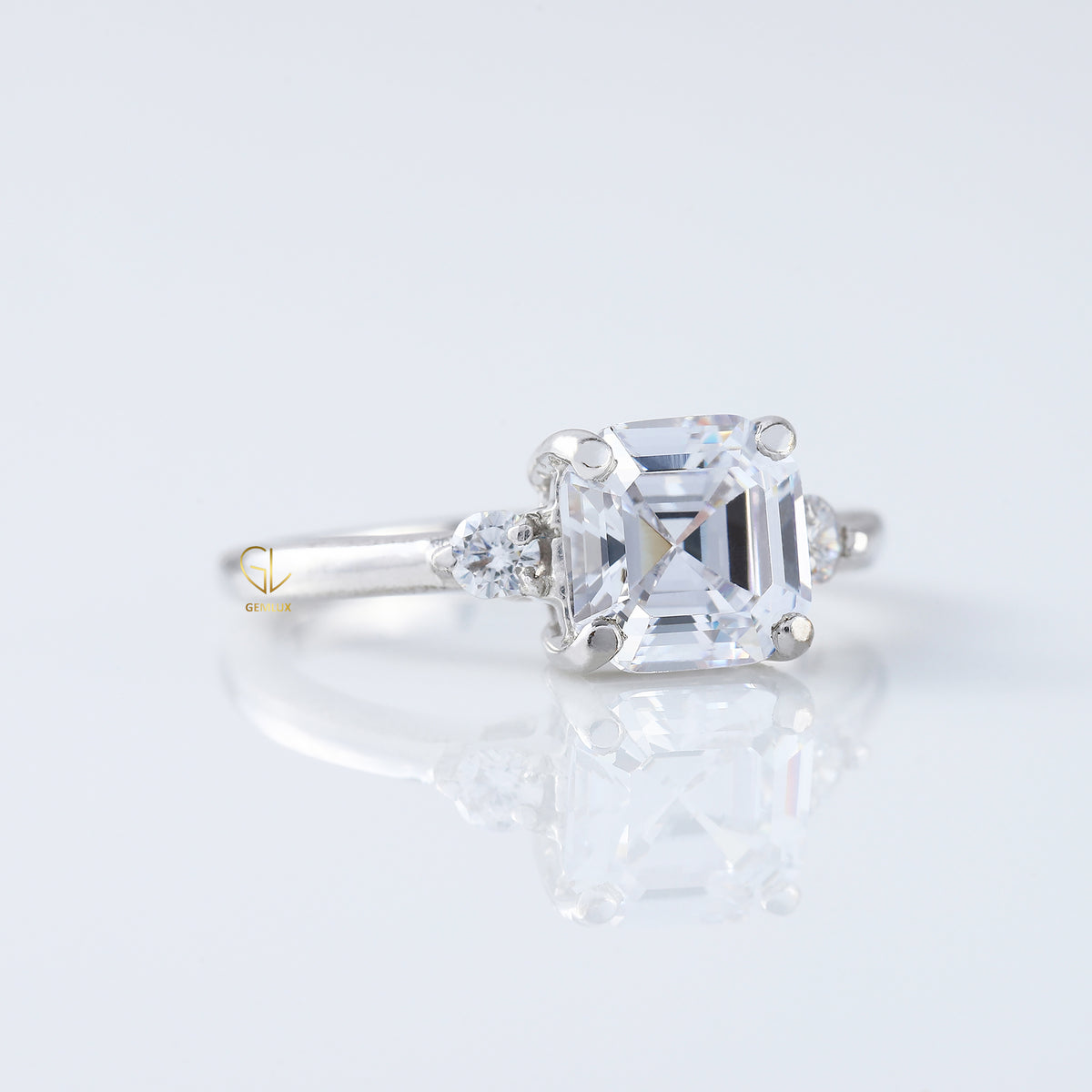 Three Stone 1.5 Ct Asscher Cut Moissanite Trilogy Engagement Ring