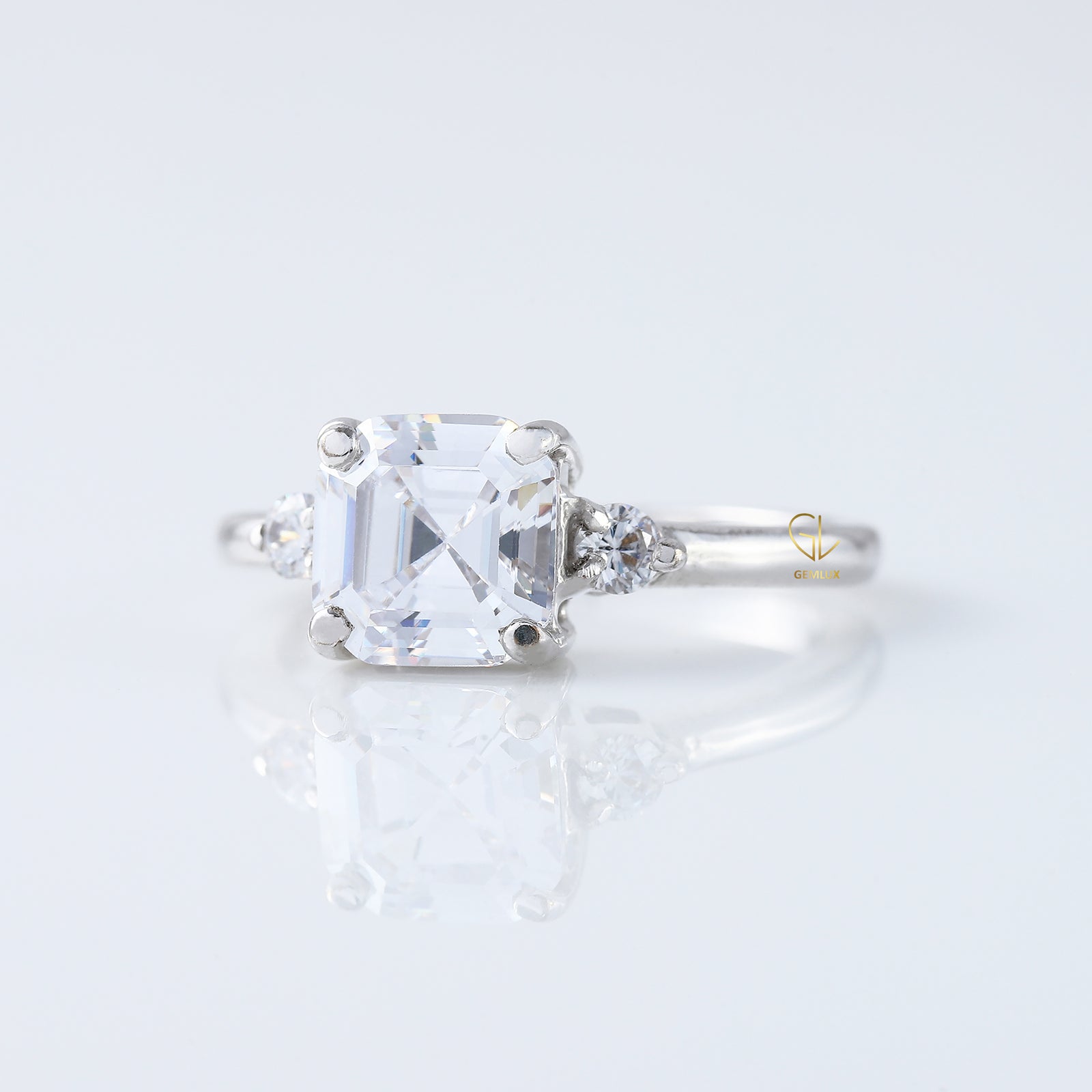 Three Stone 1.5 Ct Asscher Cut Moissanite Trilogy Engagement Ring