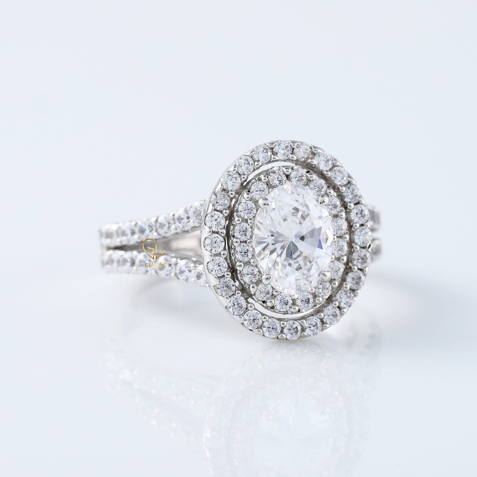 Split Shank 1 Ct Oval Cut Moissanite Double Halo Engagement Ring