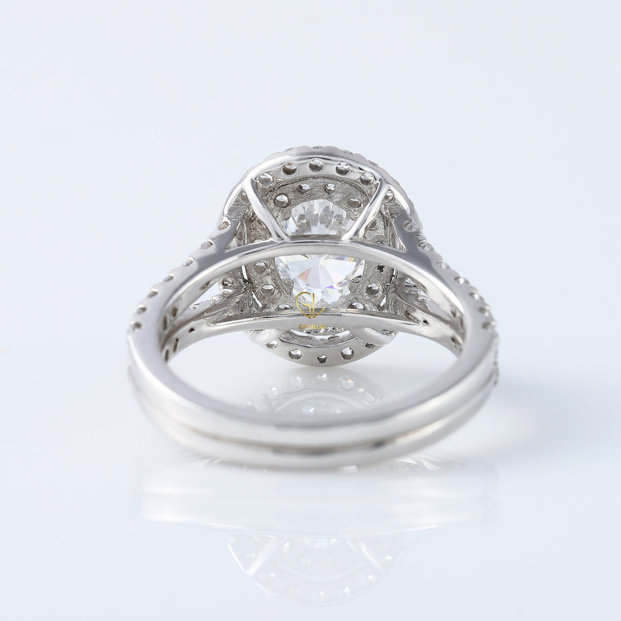 Split Shank 1 Ct Oval Cut Moissanite Double Halo Engagement Ring