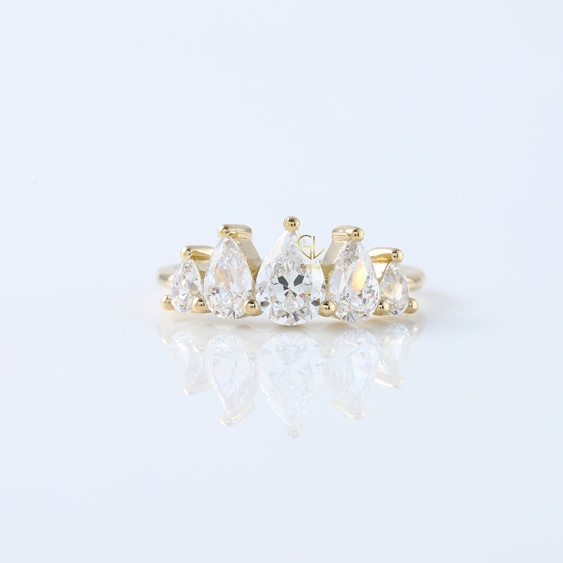 Crown Shaped Pear Cut Moissanite 5 Stone Ring