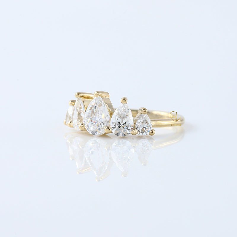 Crown Shaped Pear Cut Moissanite 5 Stone Ring