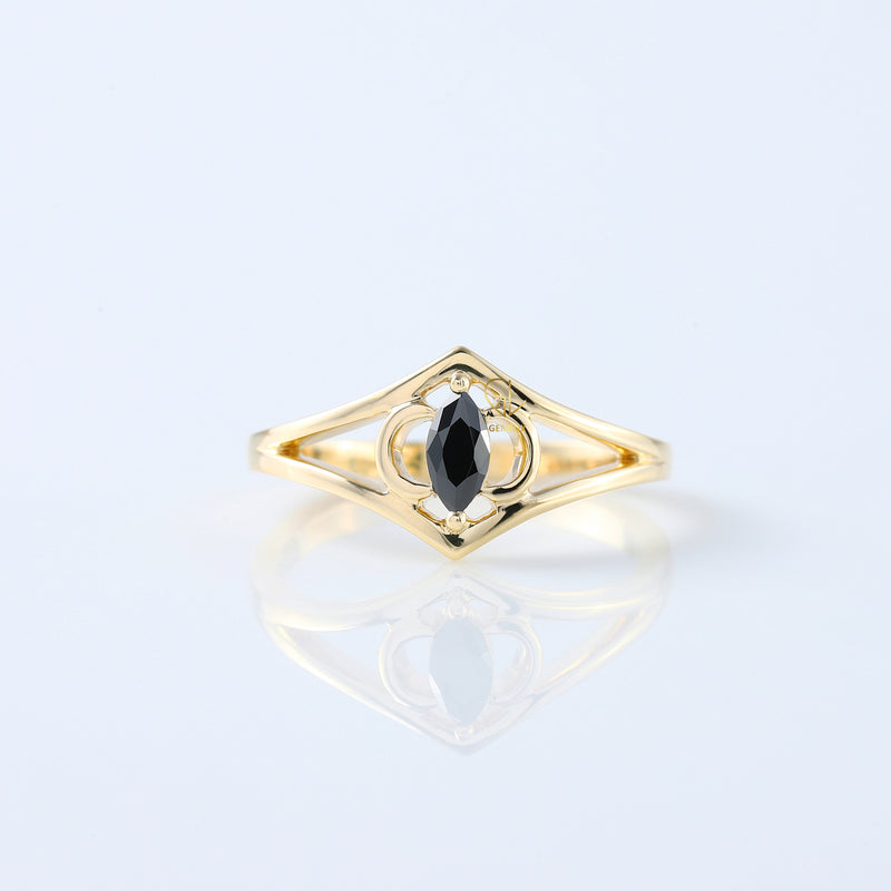 Marquise Cut Black Moissanite Split Shank Art Deco Ring