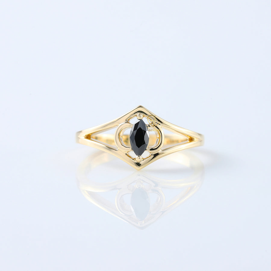 Marquise Cut Black Moissanite Split Shank Art Deco Ring