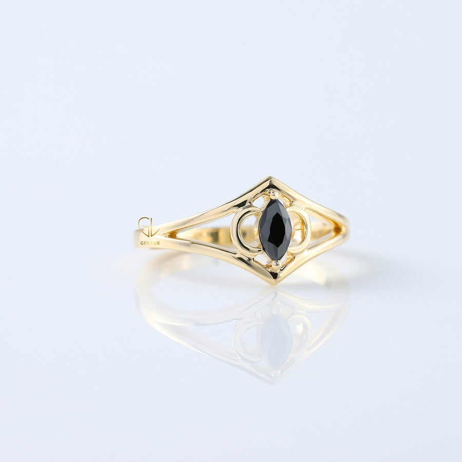 Marquise Cut Black Moissanite Split Shank Art Deco Ring