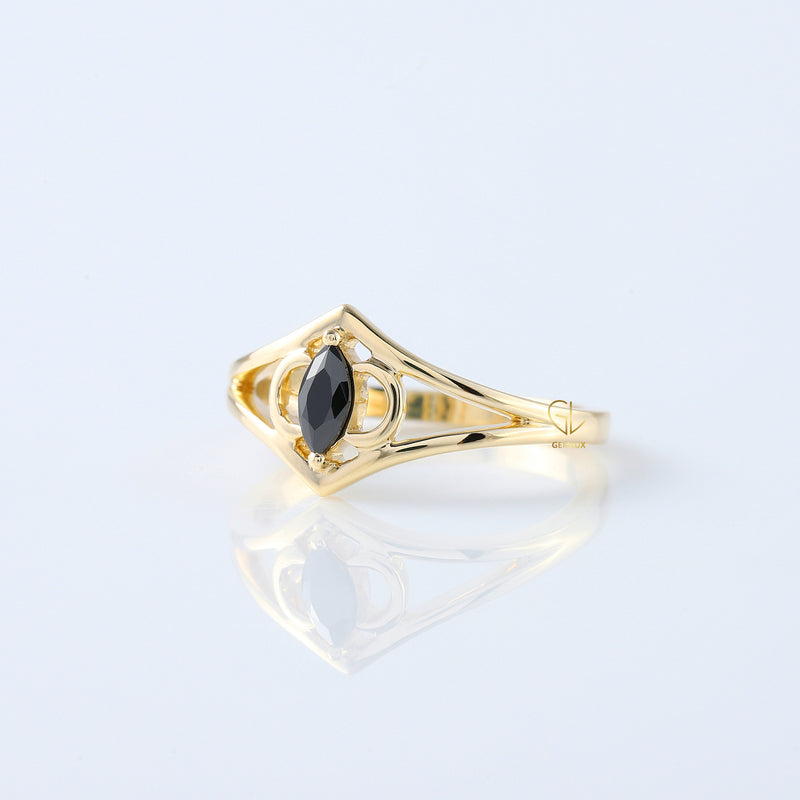 Marquise Cut Black Moissanite Split Shank Art Deco Ring
