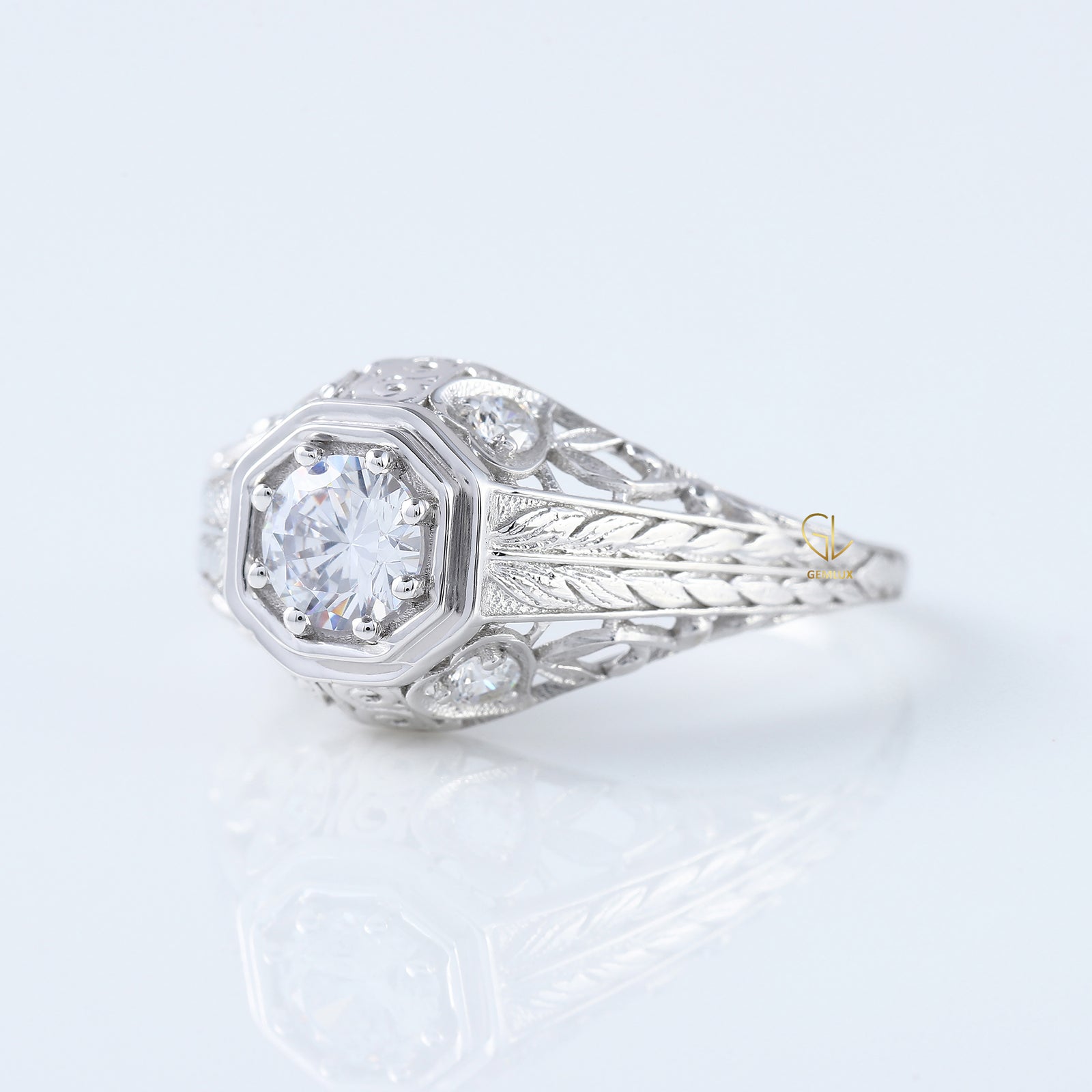 Edwardian Round Moissanite Filigree Vintage Inspired Ring