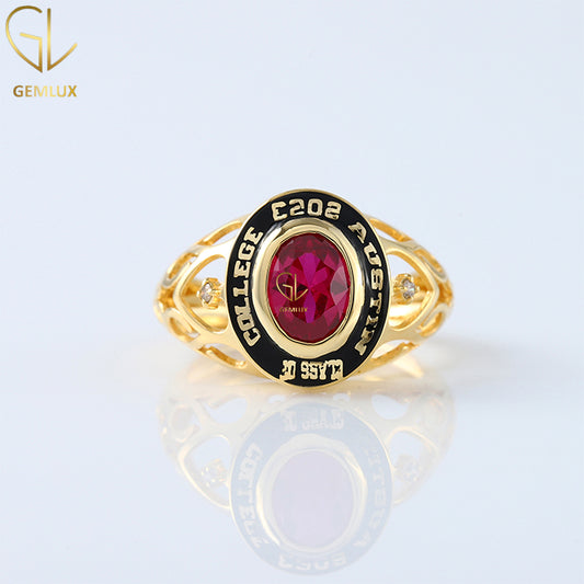 Colleage Class Graduation Ring, Pink Ruby Diamond Bezel Set Ring, Custom Filigree Graduation Ring