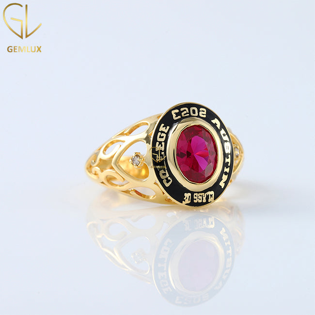 Colleage Class Graduation Ring, Pink Ruby Diamond Bezel Set Ring, Custom Filigree Graduation Ring