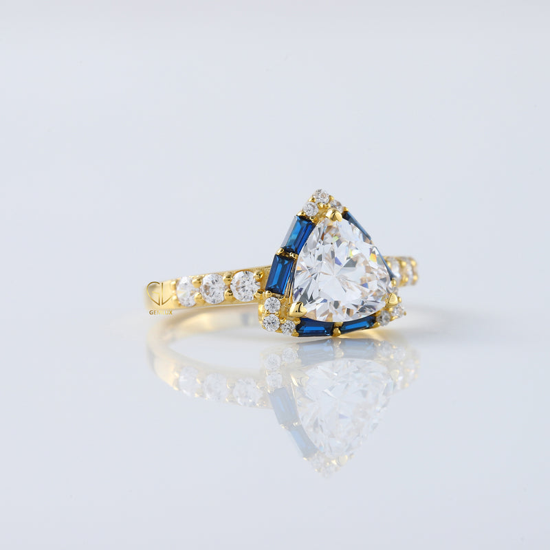Trillion Cut Moissanite Halo Ring WIth Side Stones