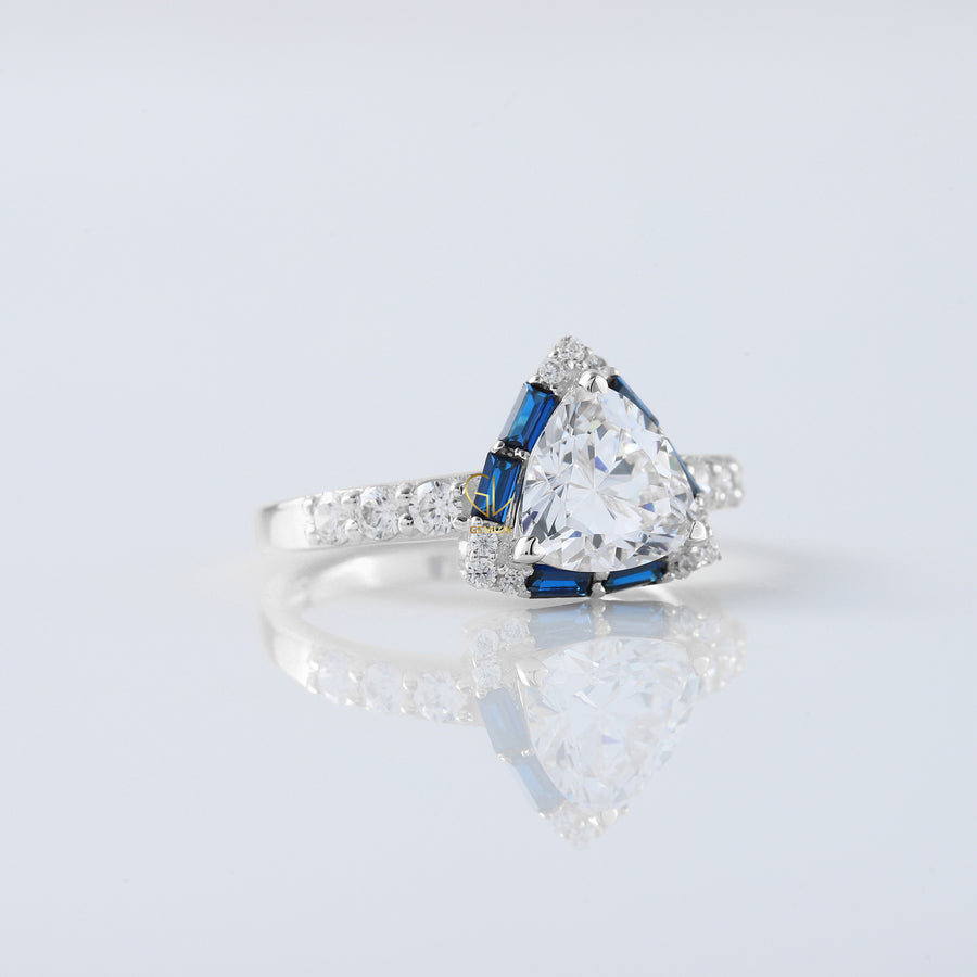 Trillion Cut Moissanite Halo Ring WIth Side Stones