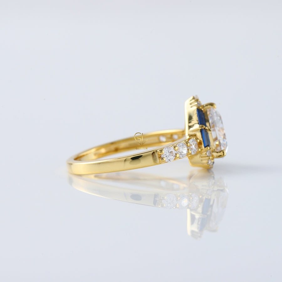 Trillion Cut Moissanite Halo Ring WIth Side Stones