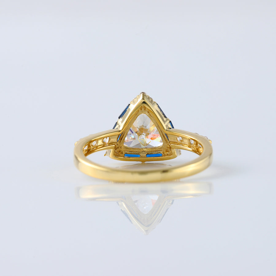 Trillion Cut Moissanite Halo Ring WIth Side Stones