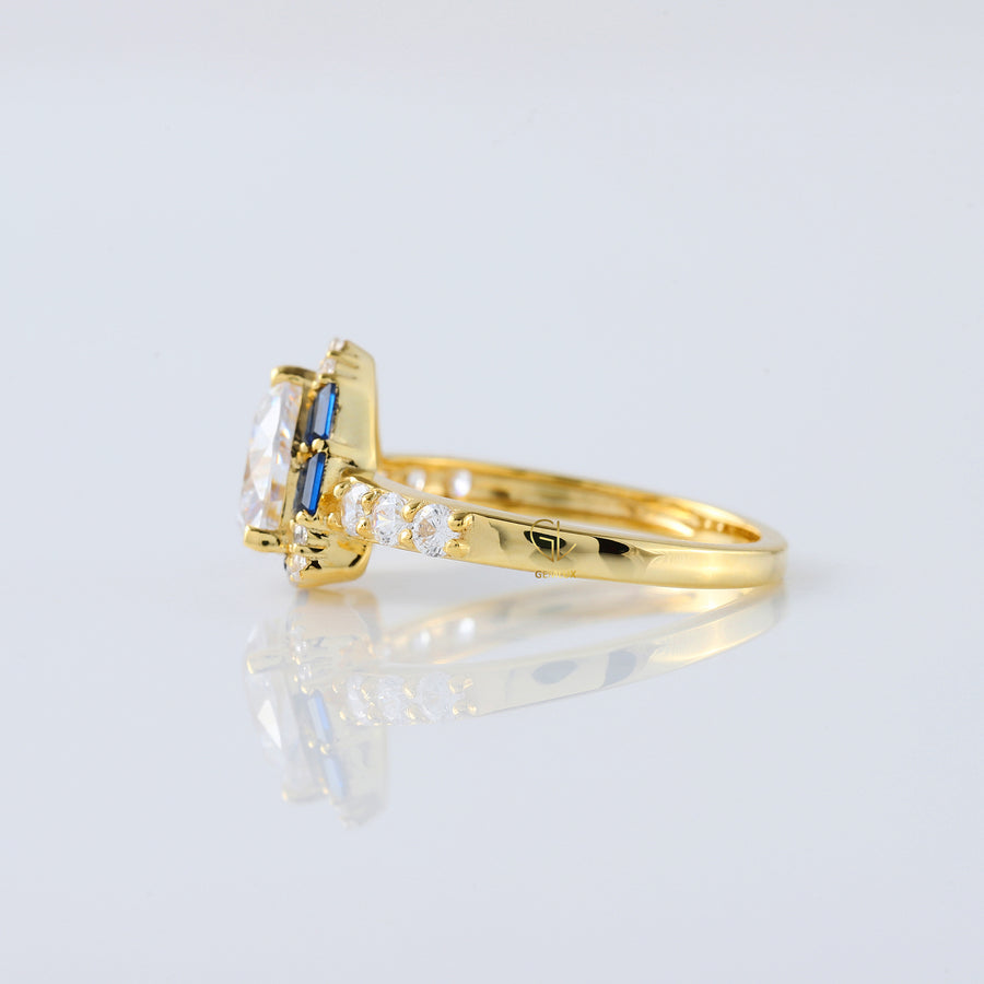 Trillion Cut Moissanite Halo Ring WIth Side Stones