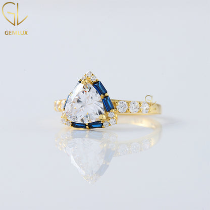 2CT Trillion Cut Moissanite Diamond Engagement Ring, Blue Sapphire Halo Wedding Ring, 14k Solid Gold Ring