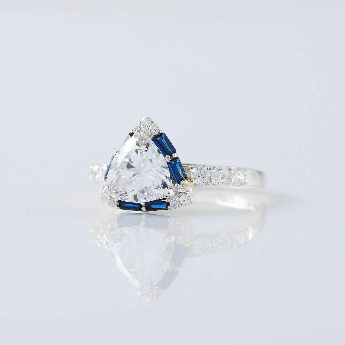 Trillion Cut Moissanite Diamond Halo Engagement Ring