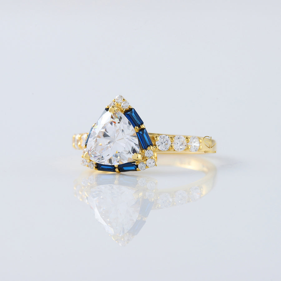 Trillion Cut Moissanite Halo Ring WIth Side Stones
