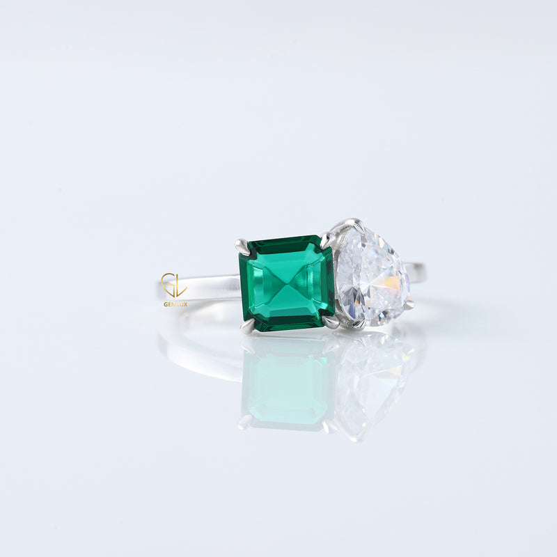 2 Carat Asscher Gemstone and Pear Diamond Toi Moi Ring