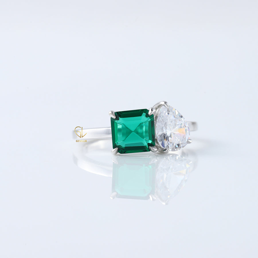 2 Carat Asscher Gemstone and Pear Diamond Toi Moi Ring