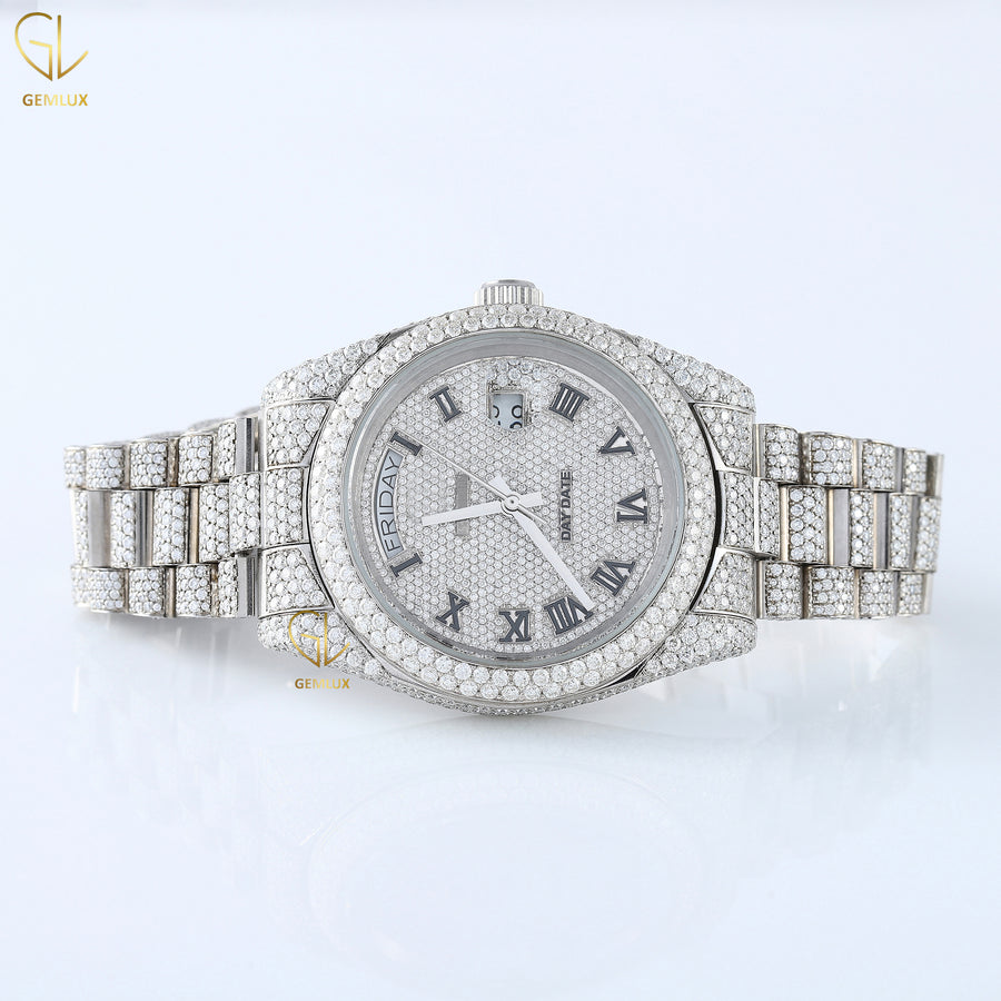 Day Date Roman Dial Automatic Movement Iced Out Lab Grown Hip Hop Watch