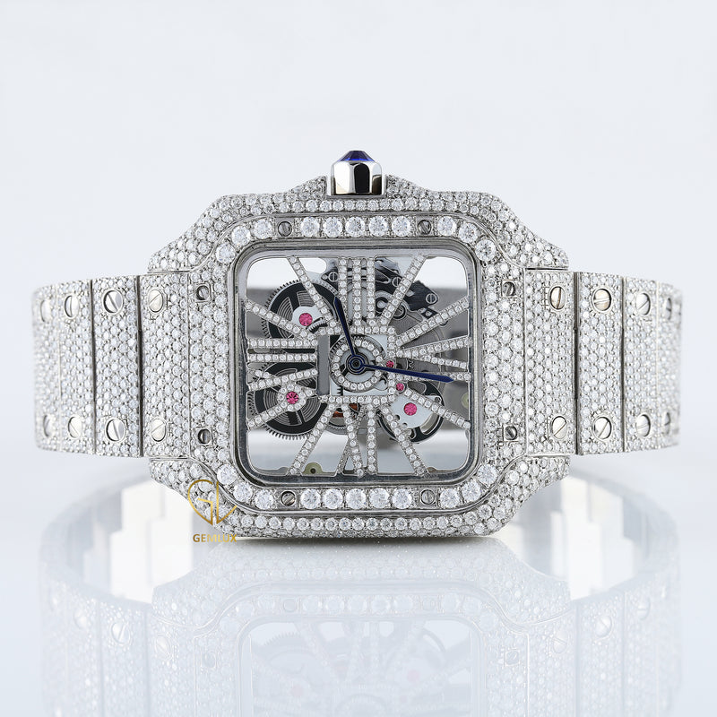 Square Skelton Dial Iced Out VVS Moissanite Diamond Wrist Watch
