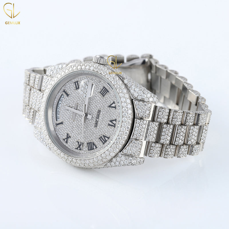 Day Date Roman Dial Automatic Movement Iced Out Lab Grown Hip Hop Watch