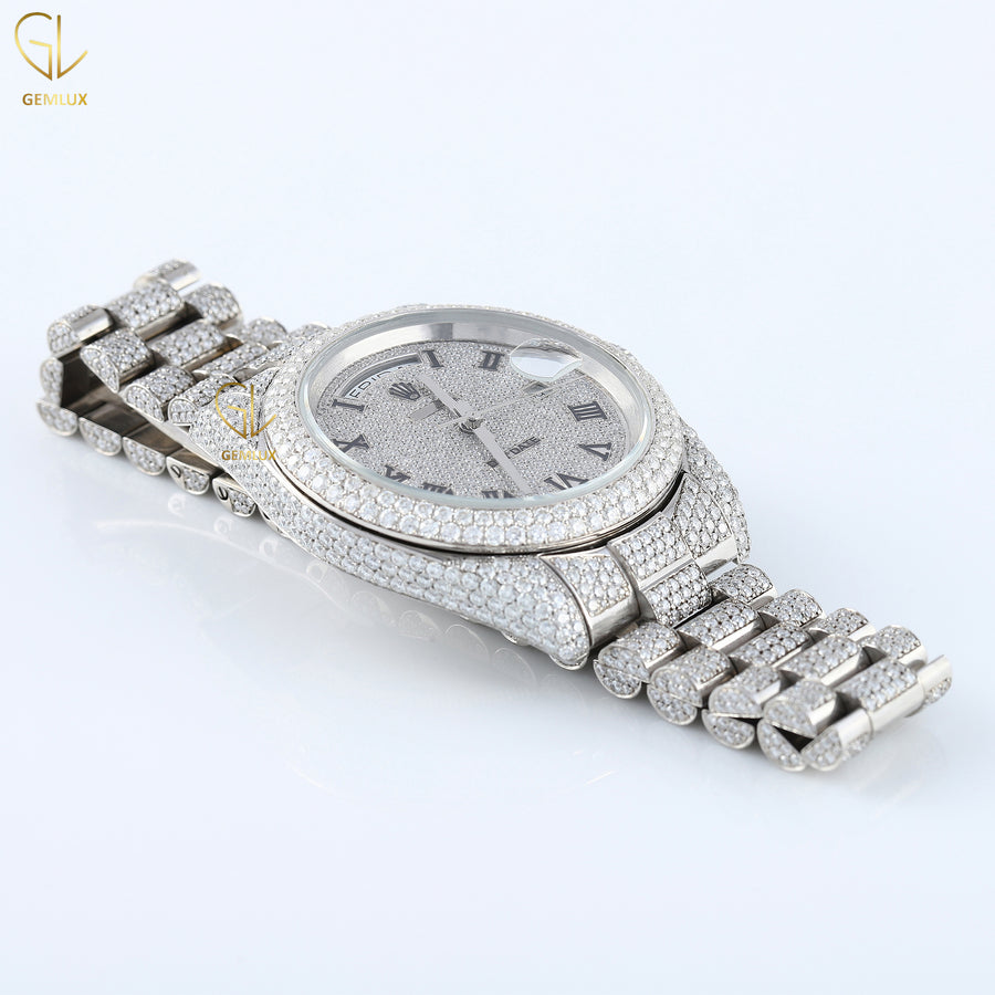 Day Date Roman Dial Automatic Movement Iced Out Lab Grown Hip Hop Watch