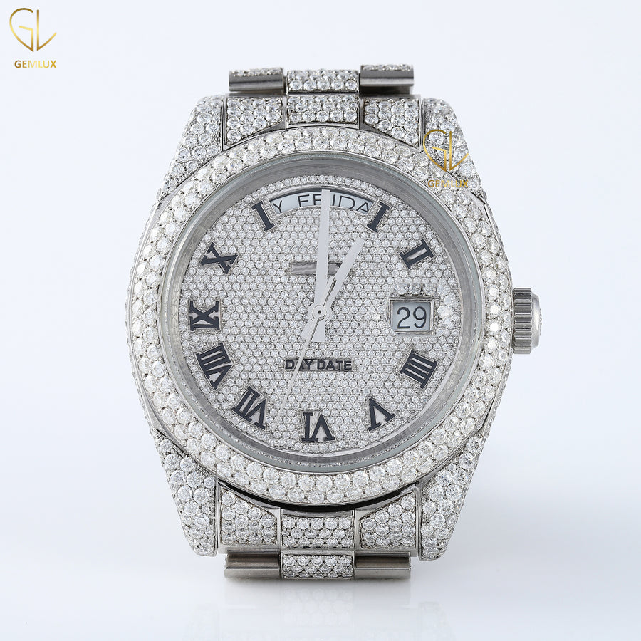 Day Date Roman Dial Automatic Movement Iced Out Lab Grown Hip Hop Watch