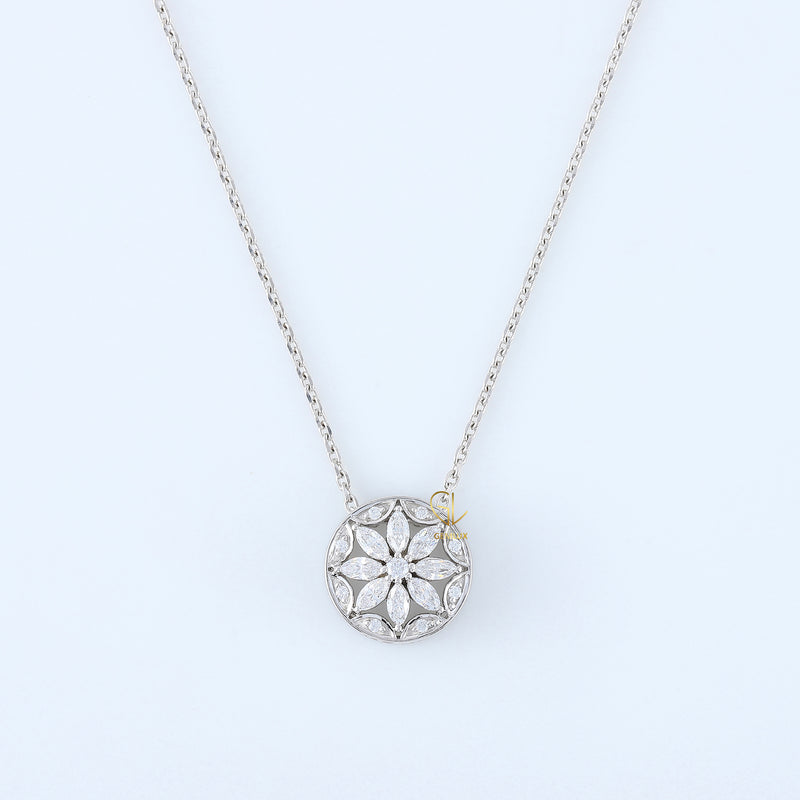 14K White Gold Art Deco Floral Halo Moissanite Delicate Pendant
