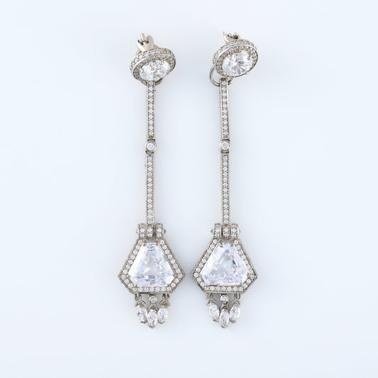 LONG SHIELD-SHAPED DIAMOND 925 SILVER EARRINGS