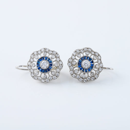 Vintage Art Deco Earrings, Floral Halo Lever Back Blue Sapphire Antique Earrings