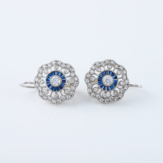 Vintage Art Deco Floral Halo Blue Sapphire Antique Earrings