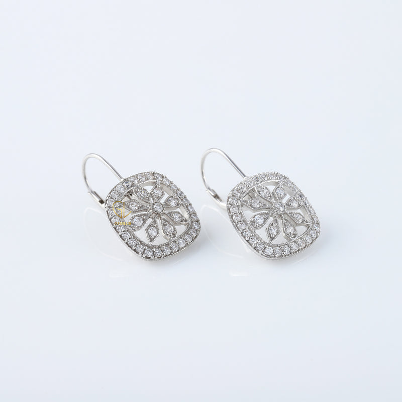 Moissanite Diamond Art Deco Floral Lever Back Earrings