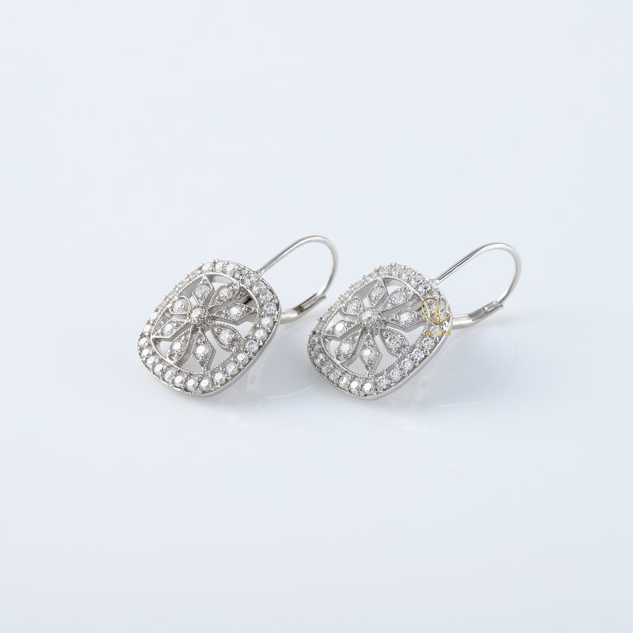 Moissanite Diamond Art Deco Floral Lever Back Earrings