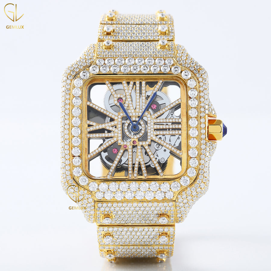 Yellow Gold Plated Skeleton Square Dial Lab Grown Diamond Watch