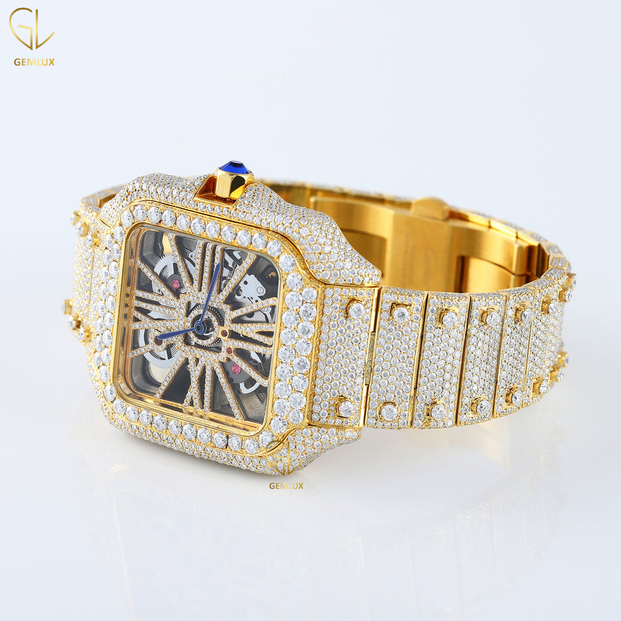 Yellow Gold Plated Skeleton Square Dial Lab Grown Diamond Watch