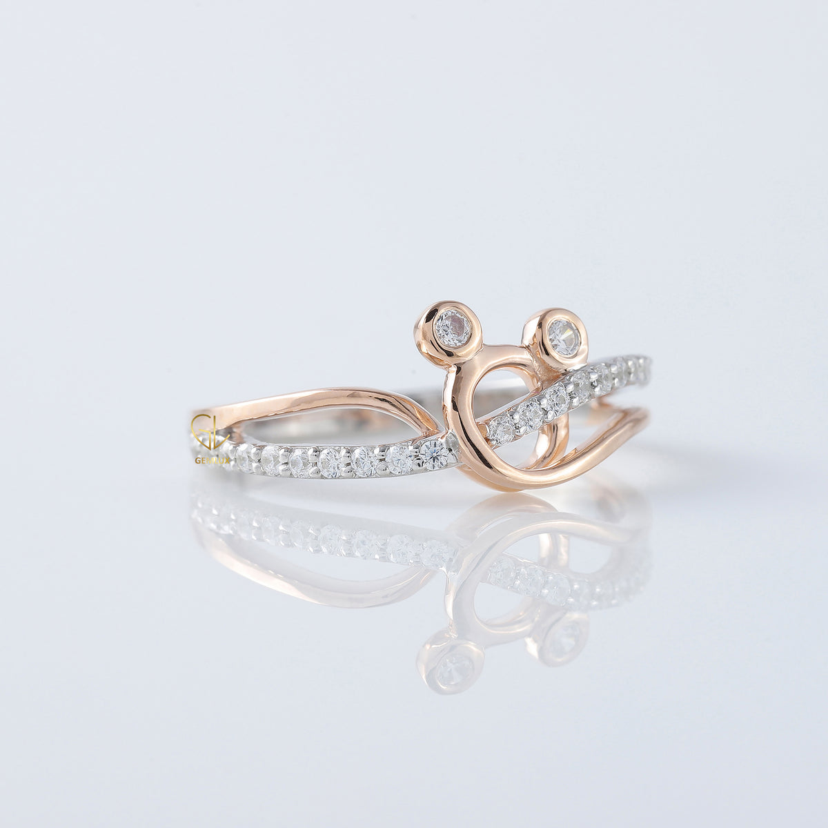 Cross Over Two Tone Minnie Mickey Mouse Face Moissanite Ring 